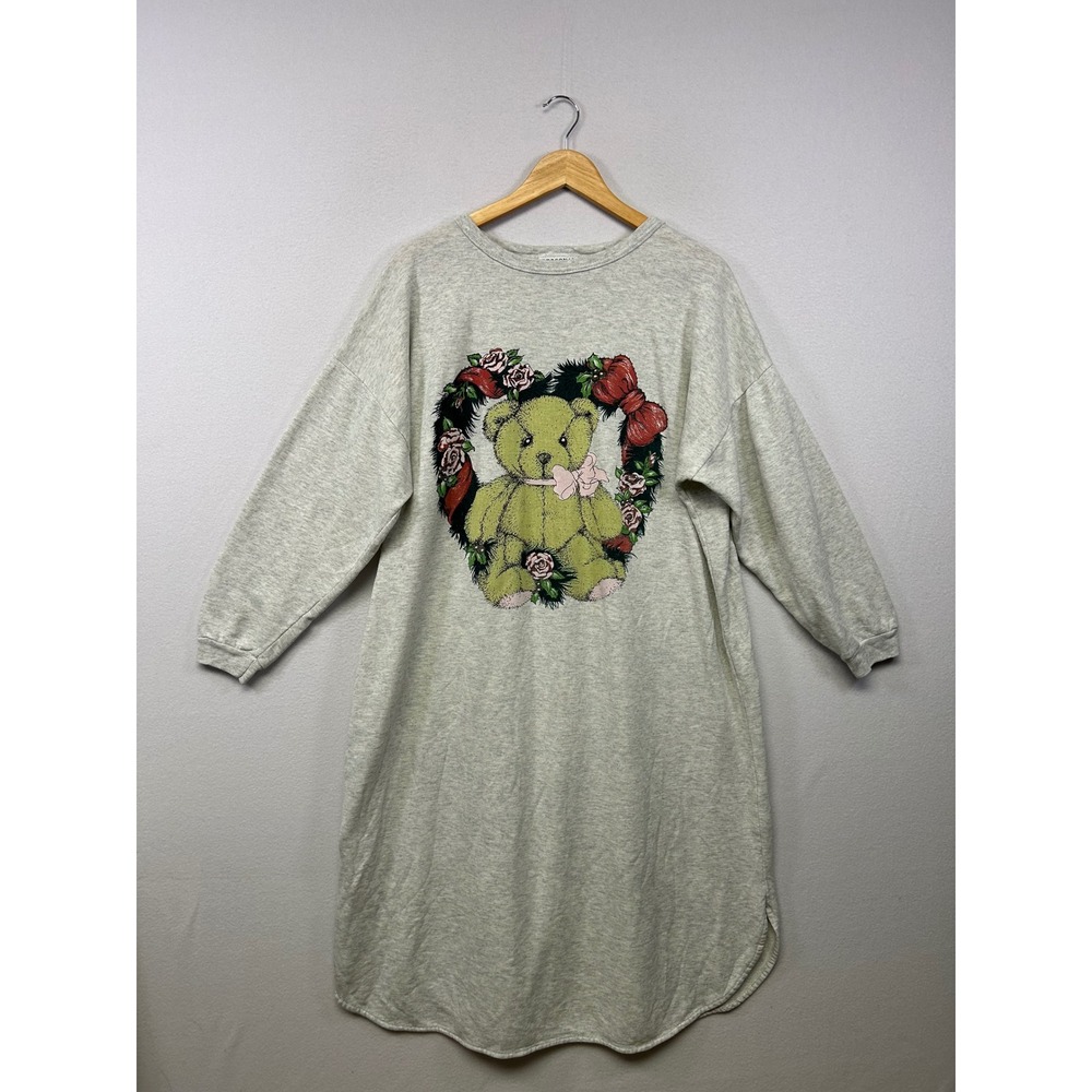 Vintage Grandmacore Personal Identity Womens L Grey Teddy Bear Fleece Nightgown